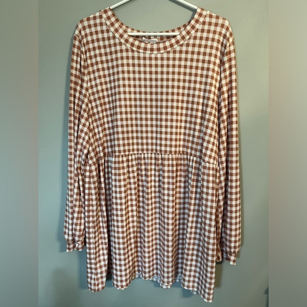 Chicsoul Rust Colored Gingham Print Long Sleeve Dress Size 2X